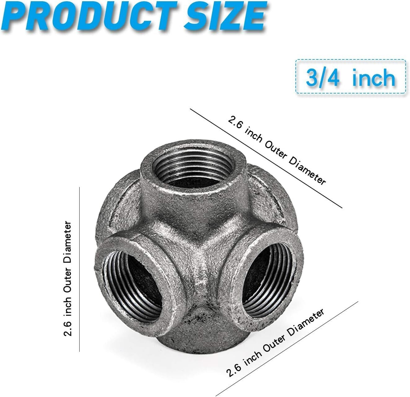 3/4" Cast Iron 6-Way Side Outlet Cross Fittings for DIY Industrial Projects