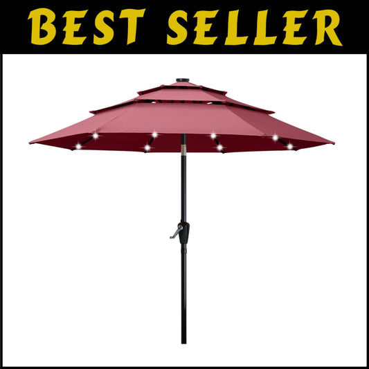 Stylish 3-Tier 11FT Burgandy Solar Light Patio Umbrella for Outdoor Shading