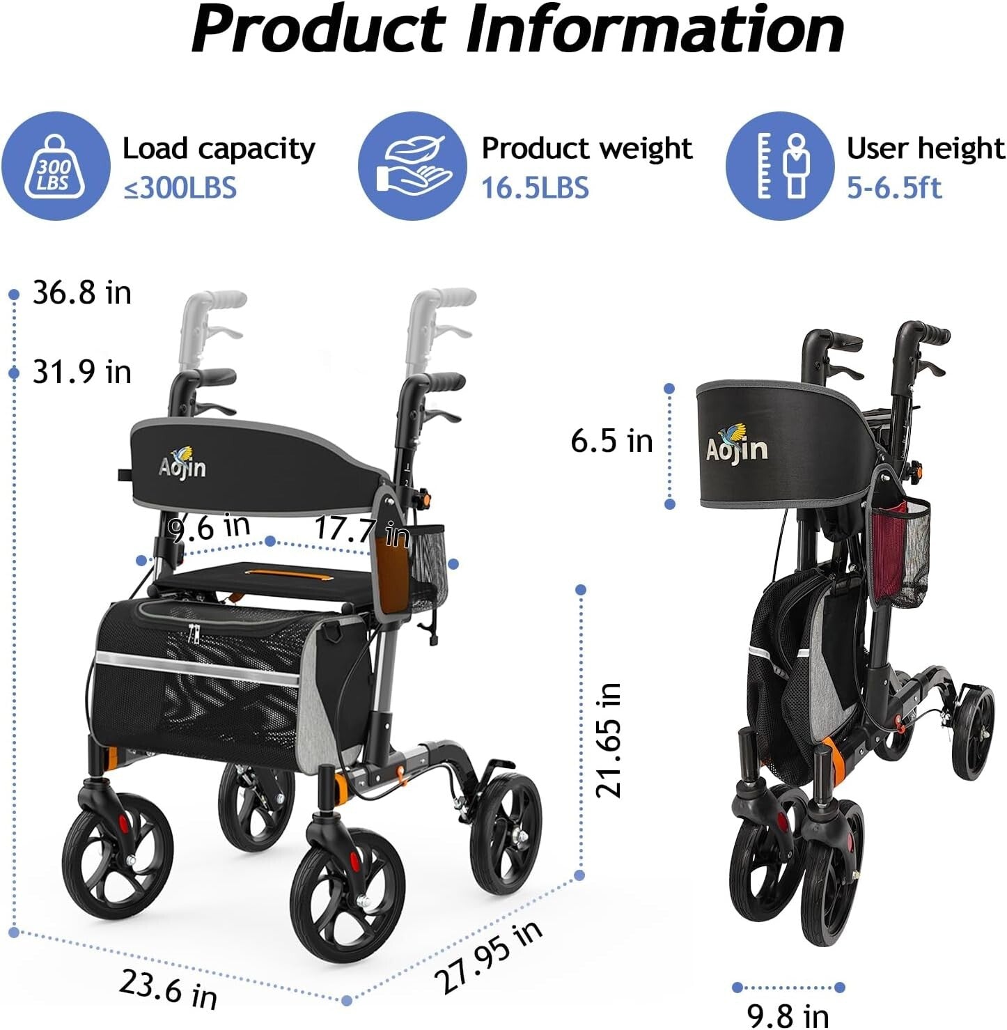8-Inch Wheel Rollator Walker – Lightweight, Foldable with Travel Bag for Seniors