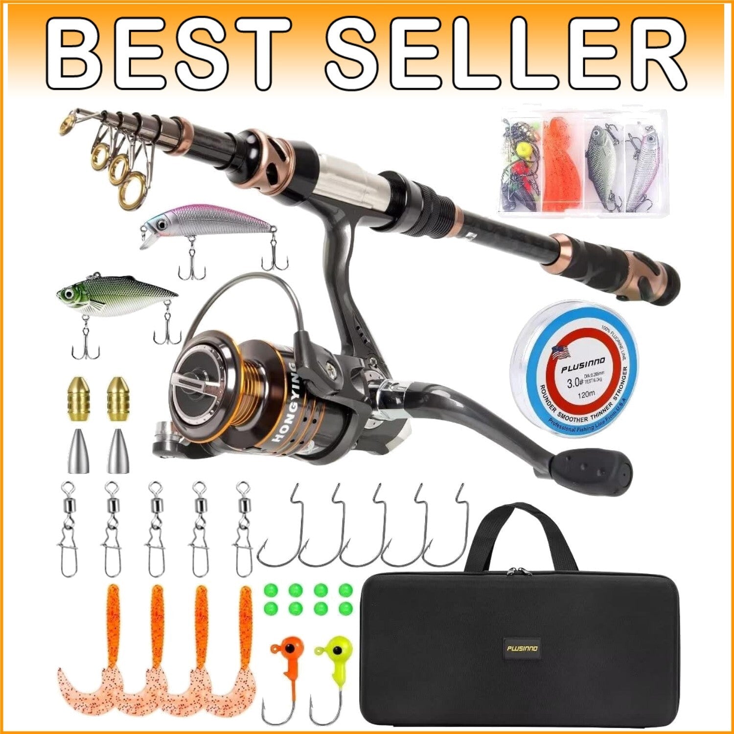 Complete Bass Fishing Rod and Reel Combo - Lightweight Carbon Fiber Kit + Case