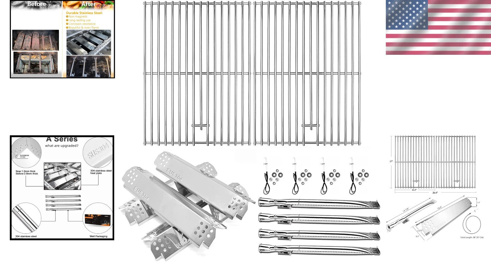 304 Stainless Steel Grill Burner and Cooking Grate Replacement Kit for Nexgrill