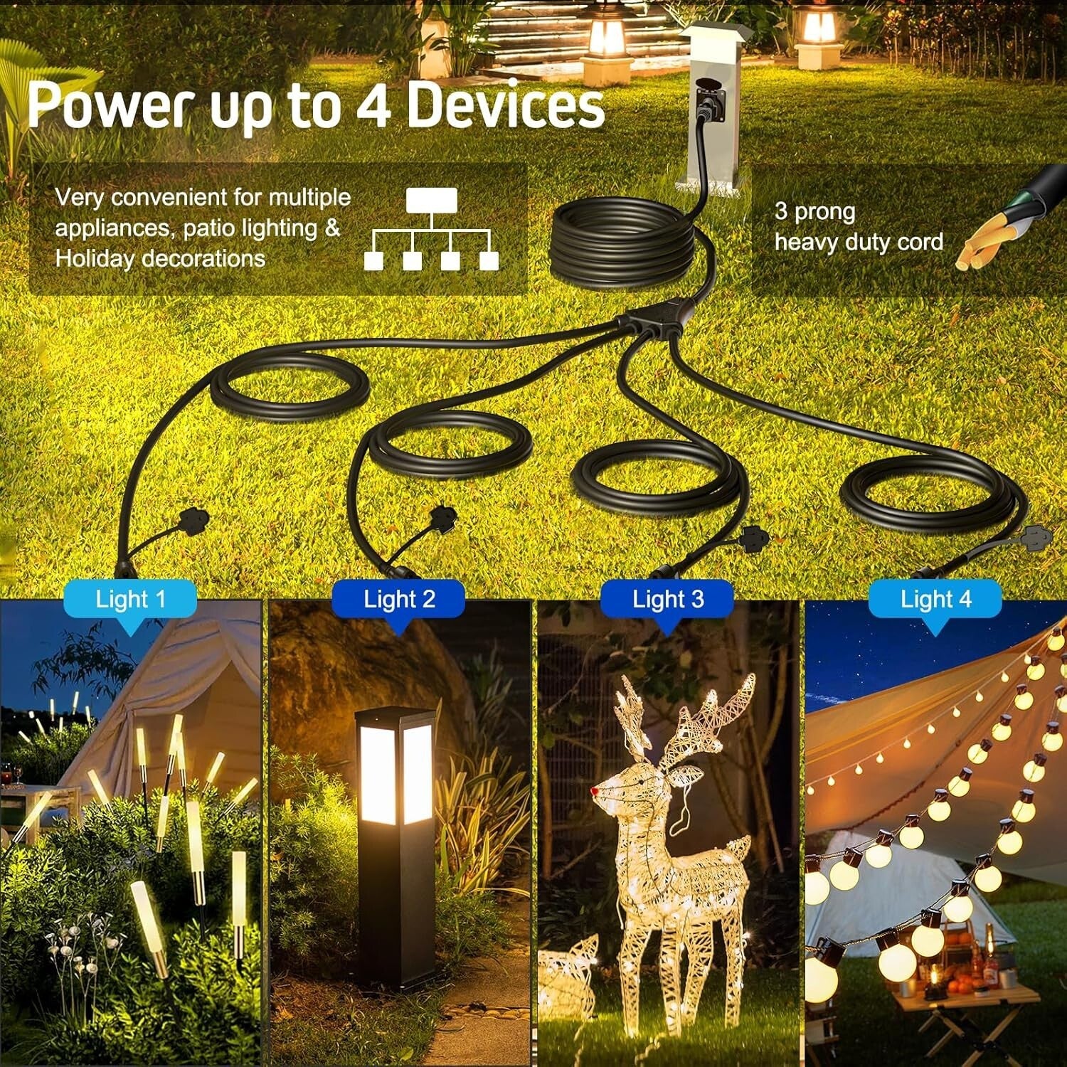 Heavy-Duty 16/3C 4-Outlet Splitter Extension Cord, 74 FT Ideal for Outdoor Decor