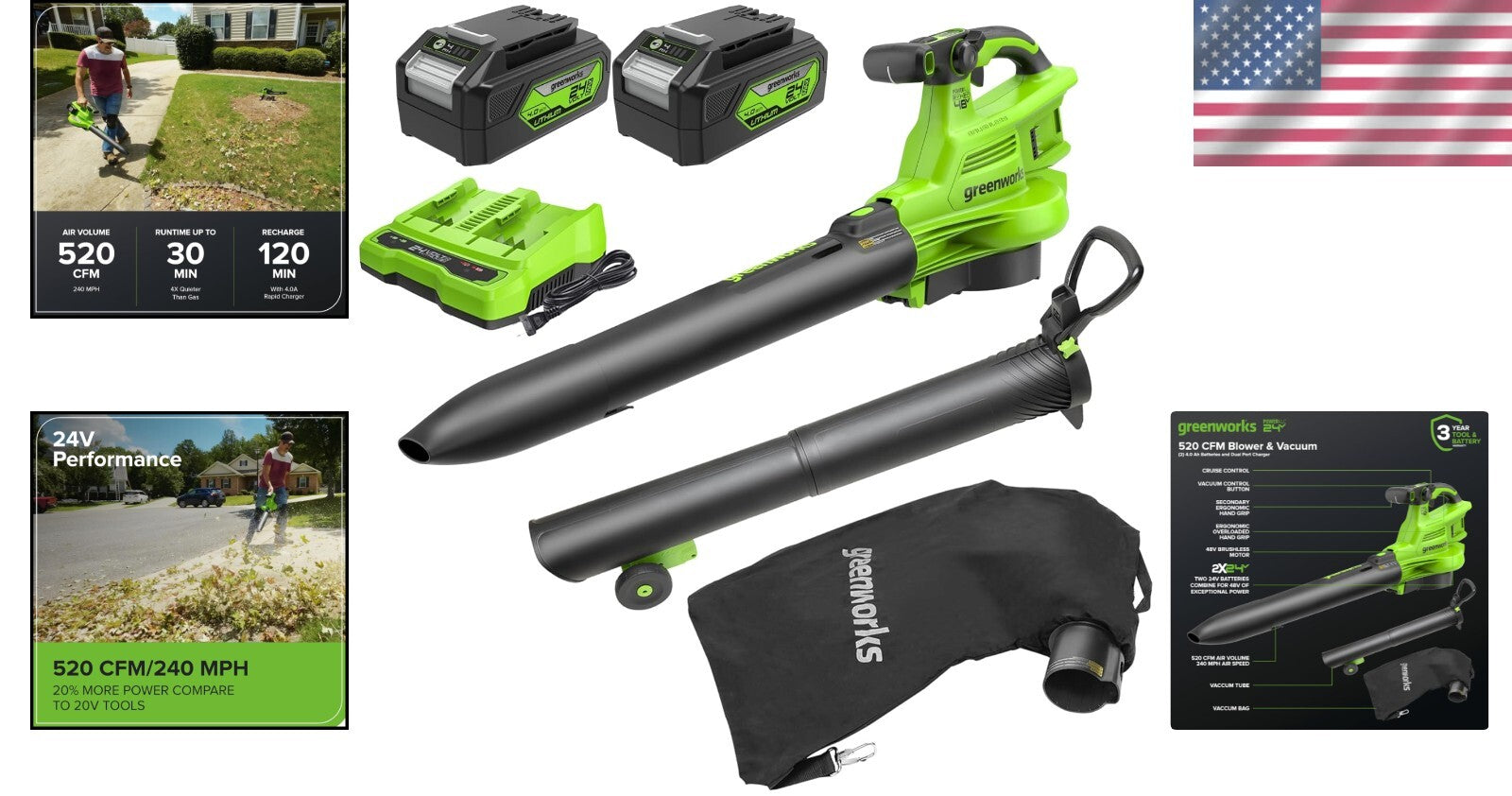 Cordless Green Leaf Blower/Vacuum - 48V Power with Adjustable Speed Control