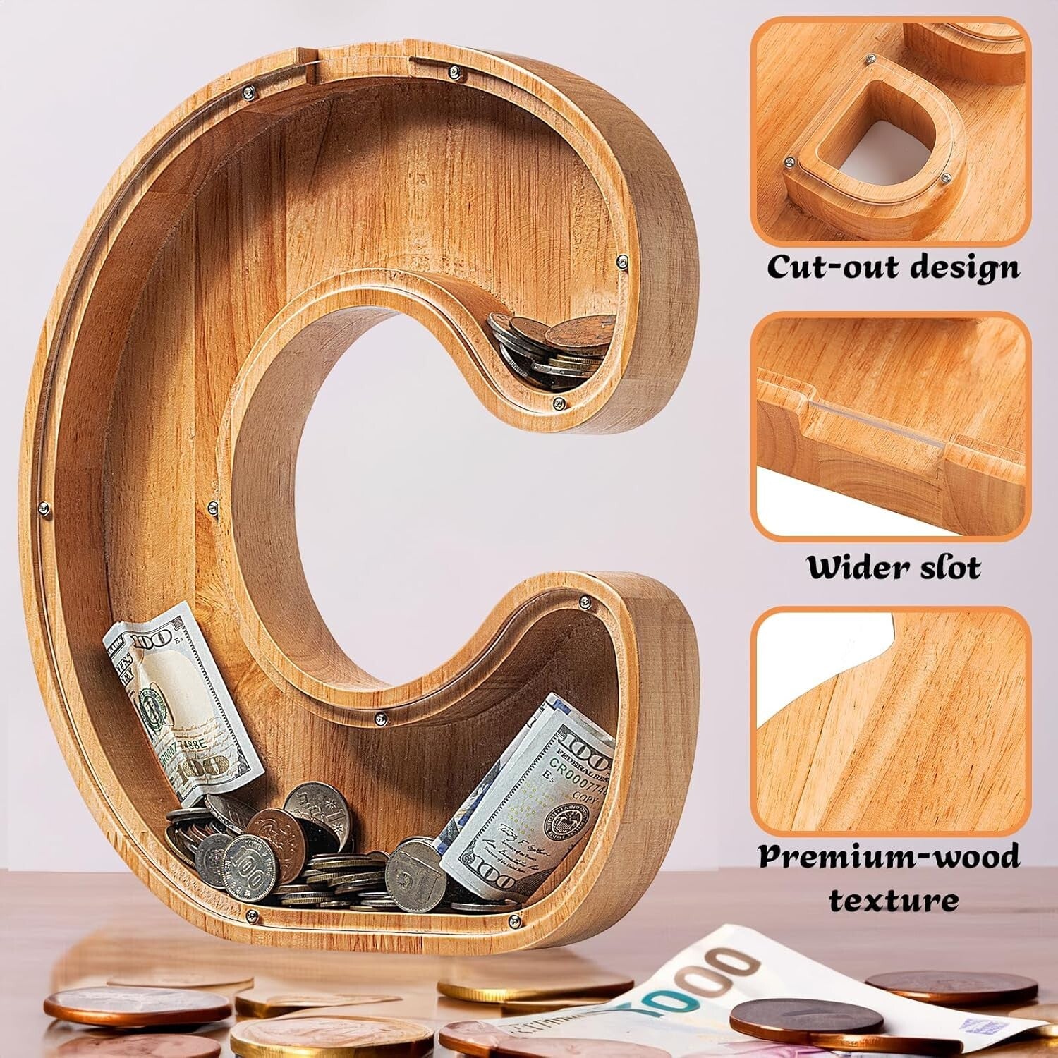 12'' Extra-Large Personalised Wooden Letter Piggy Bank for Kids - Initial C