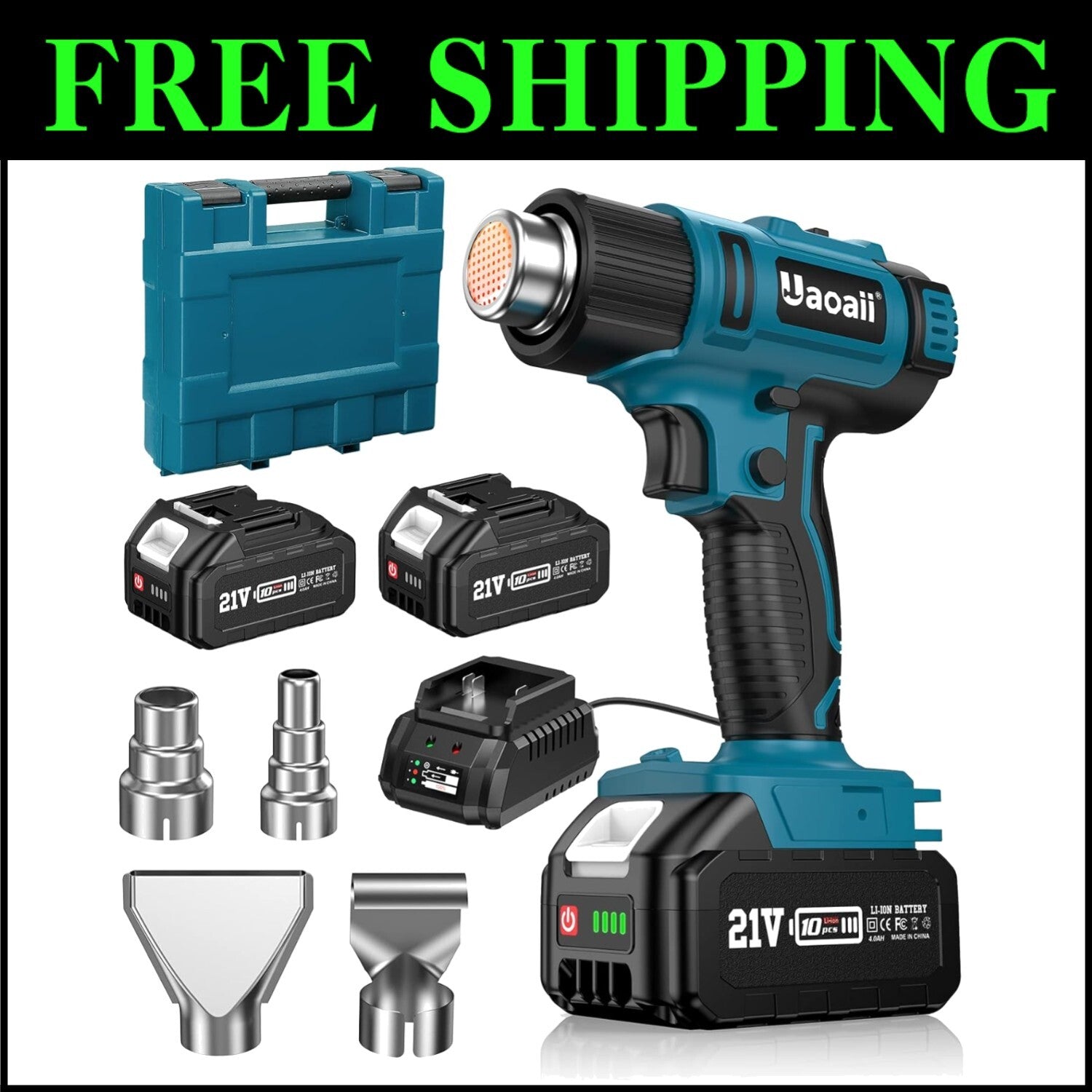 Portable Hot Air Gun Kit - 21V, 4 Nozzle Set, LED & Ergonomic Design, 1022°F