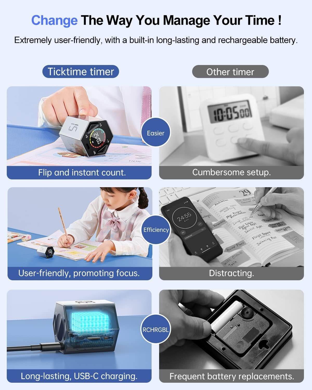 Versatile Hexagon Productivity Timer - 6 Preset Times & Custom Options - Gray