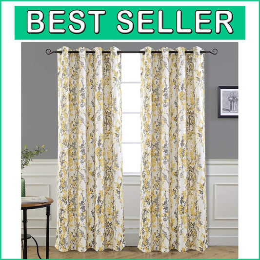 Elegant Abstract Floral Yellow Curtains - 84” Room Darkening Drapes (2 Panels)