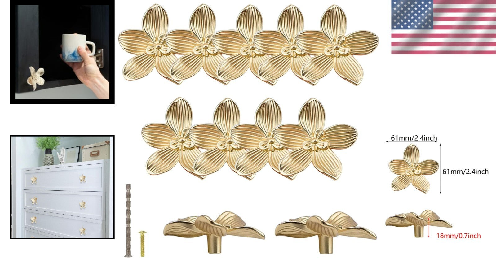 12PC Gold Flower Drawer Knobs - Elegant Kitchen Cabinet Pulls for Stylish Decor