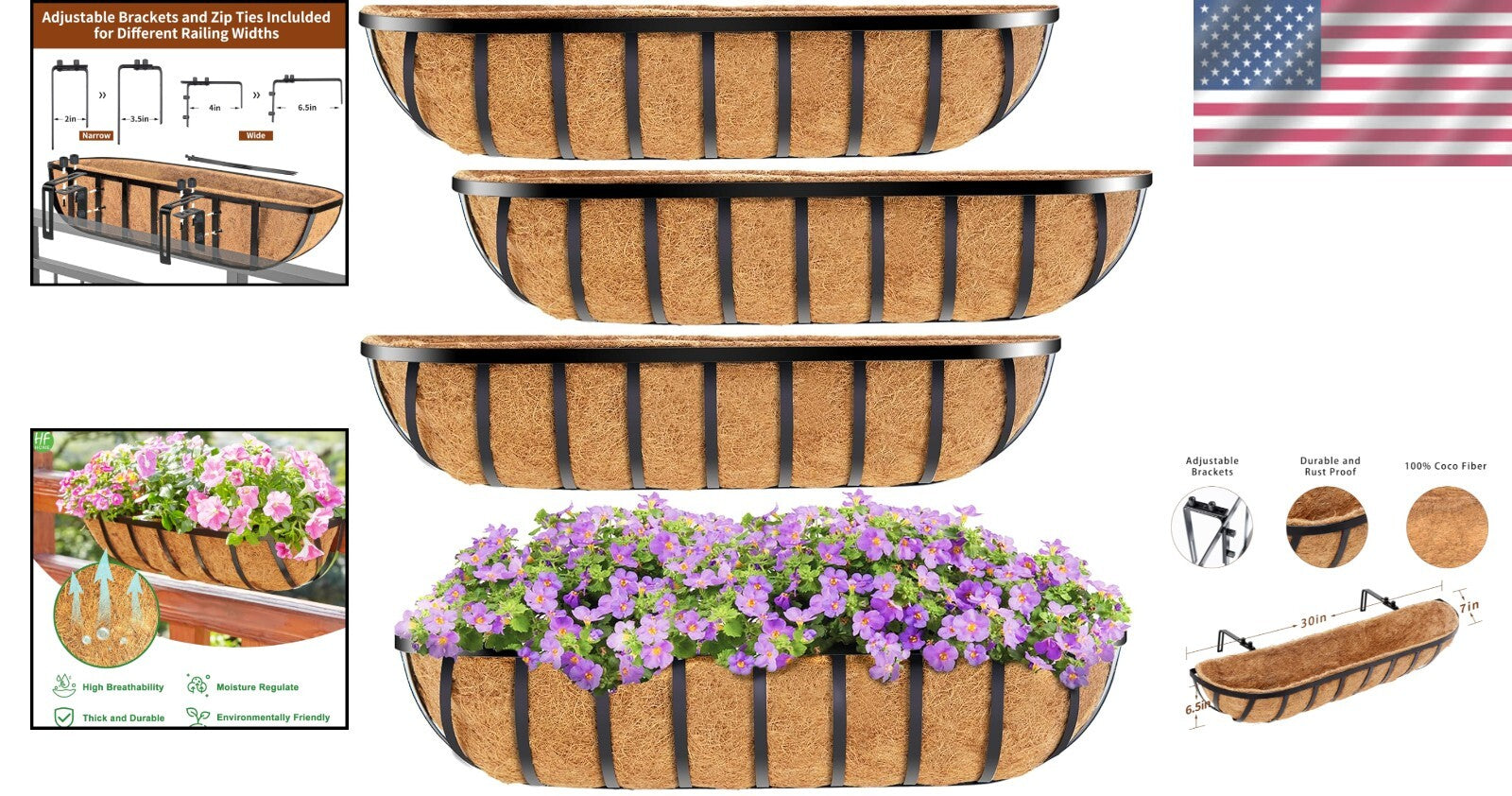 Elegant Rectangular 30" Railing Planter with Coco Liners - Add Rustic Charm!