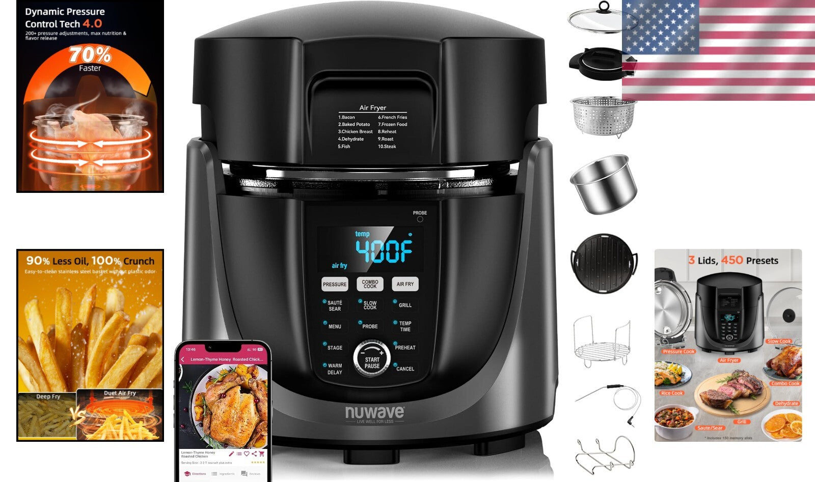 Multifunctional Electric Cooker: 450 Settings, 6qt Pressure & Air Fryer Combo