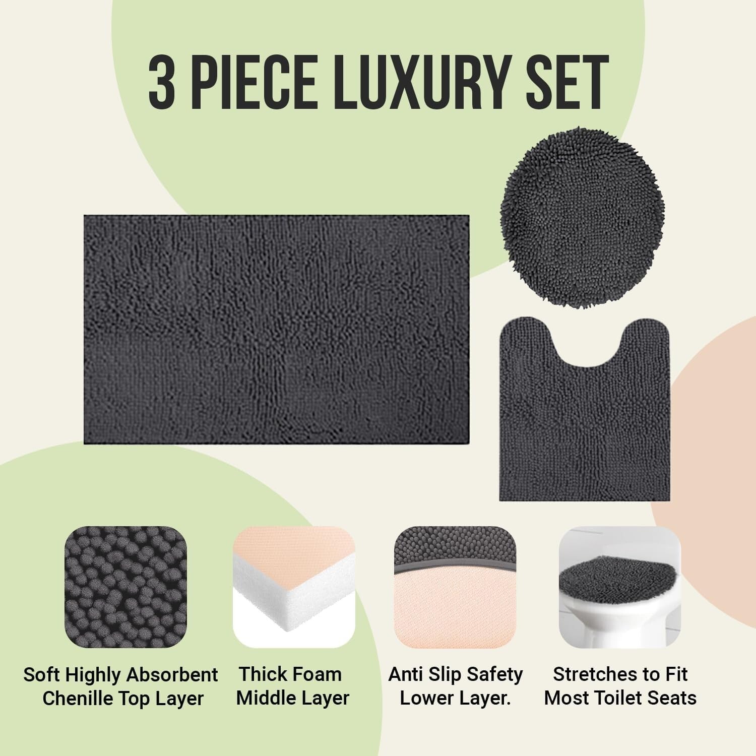 3pc Non-Slip Shaggy Chenille Bath Mat Set in Beige with Toilet Rug and Lid Cover