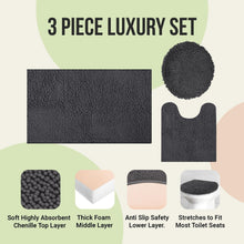 Load image into Gallery viewer, 3pc Non-Slip Shaggy Chenille Bath Mat Set in Beige with Toilet Rug and Lid Cover