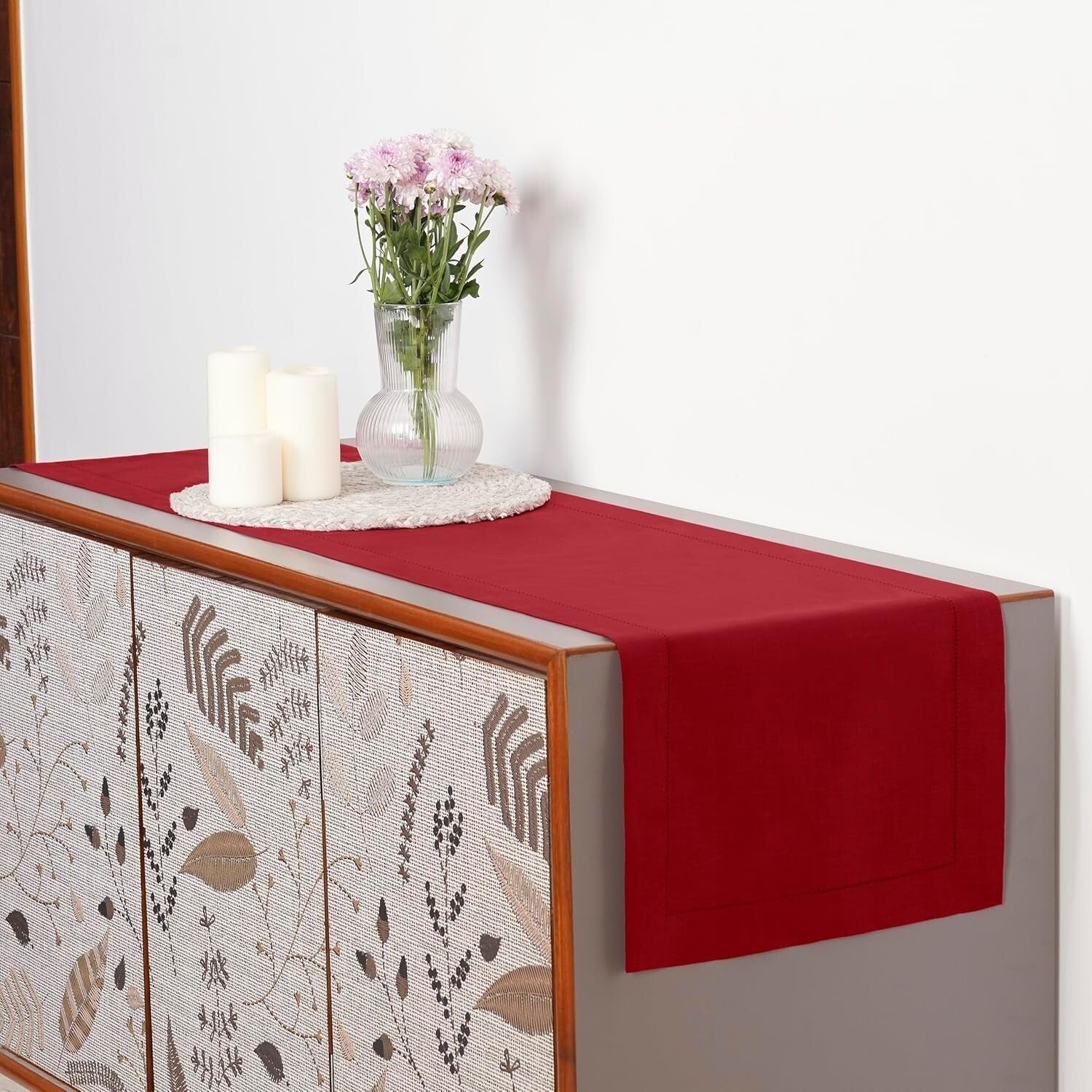 14x120 Inch Luxe Red Linen Table Runner - Classic Hemstitch, Perfect for Easter