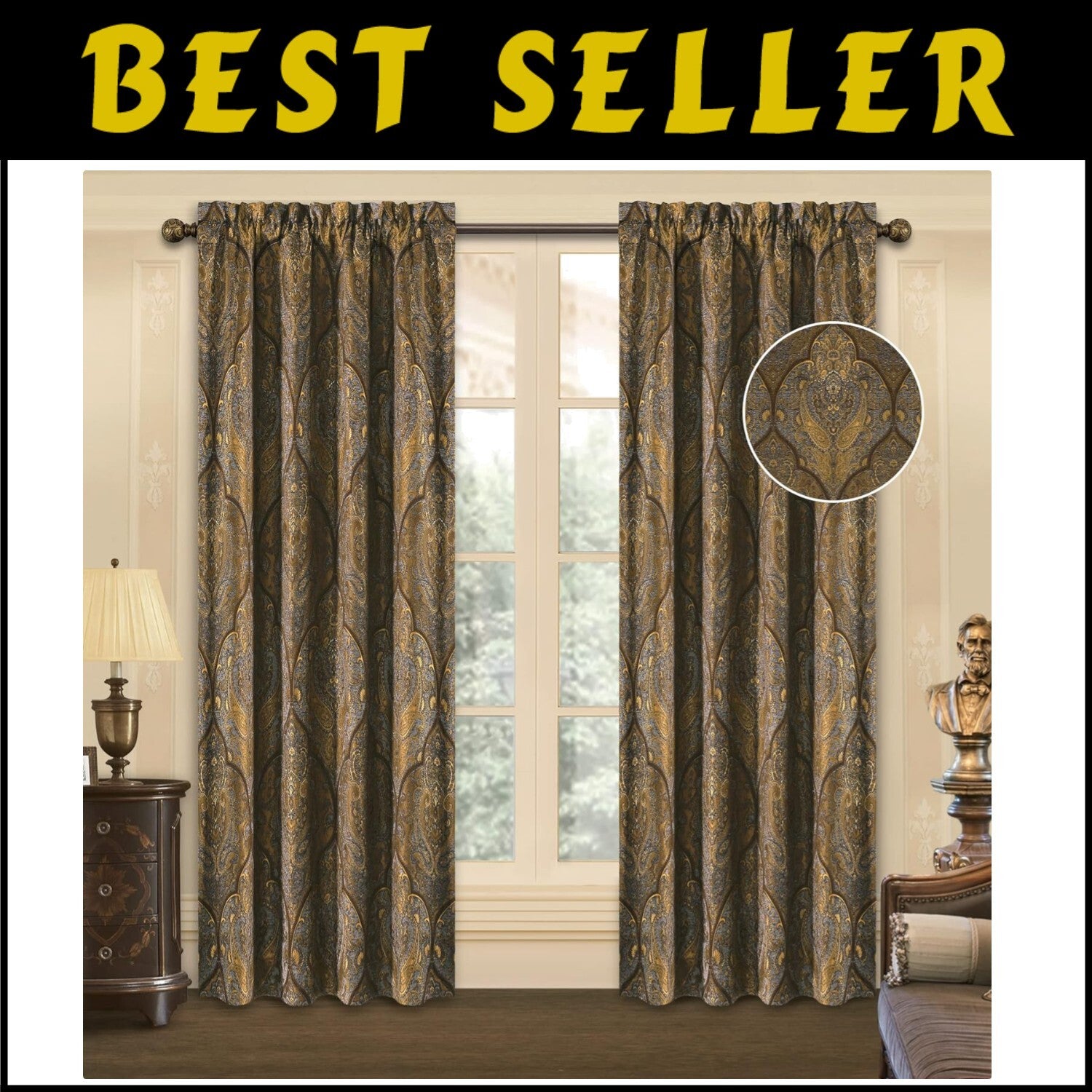 Darkening Jacquard Damask Curtain Panels - Luxury Bronze Gold Curtains Set of 2