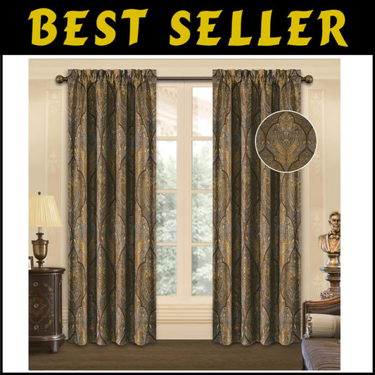 Darkening Jacquard Damask Curtain Panels - Luxury Bronze Gold Curtains Set of 2