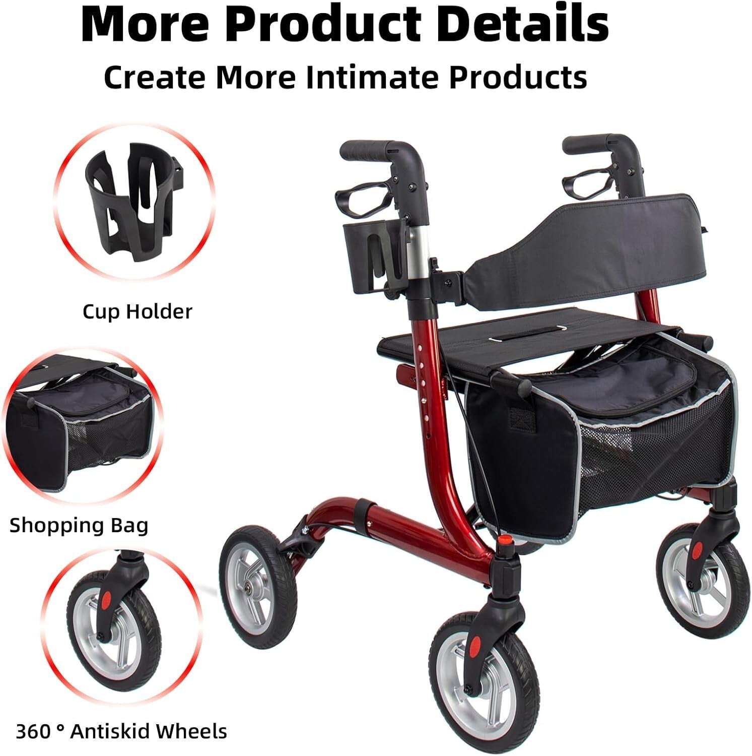 Lightweight Rollator Walker for Seniors - Folding Aluminum Frame with Cup Holder