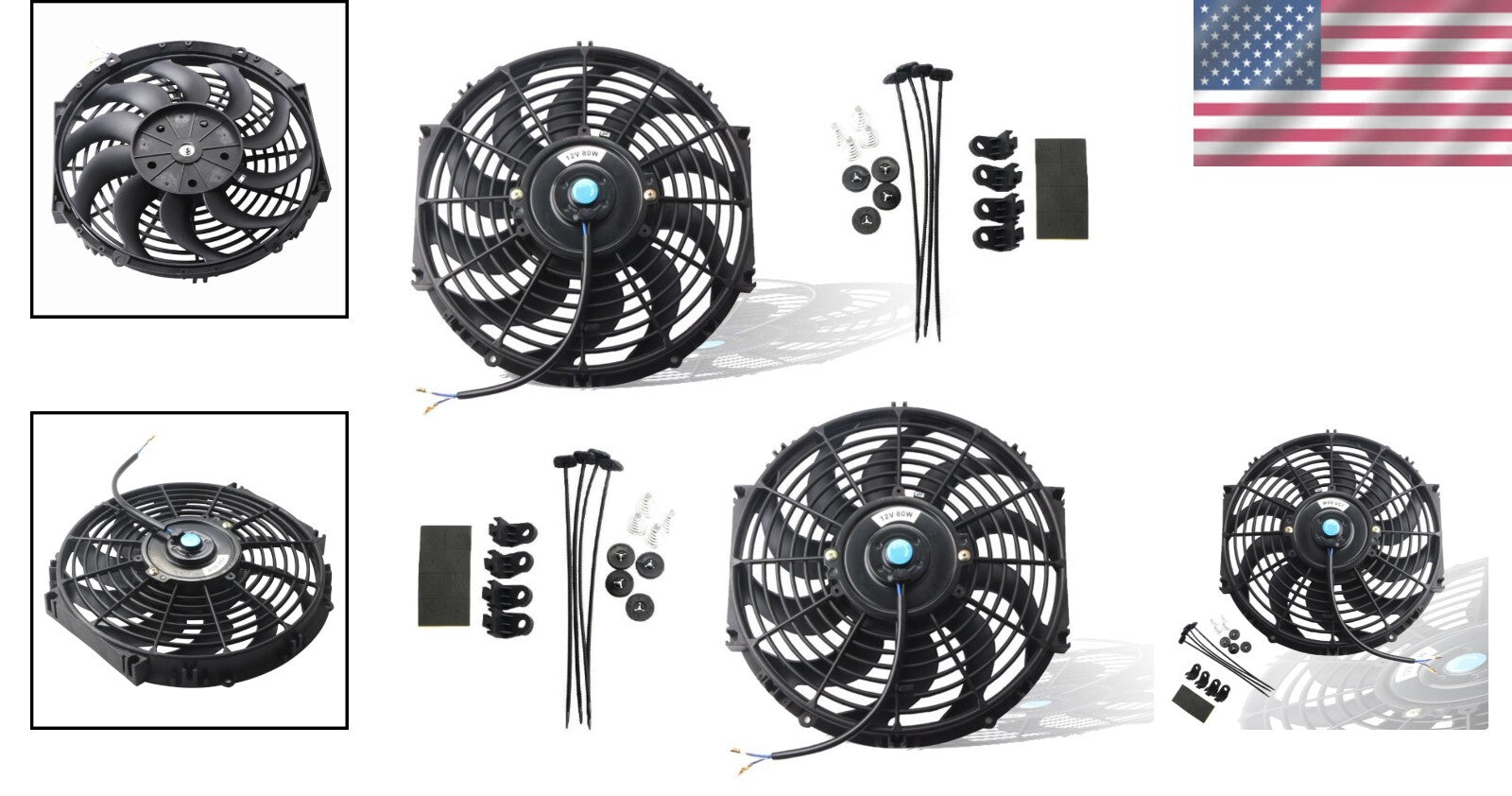 Black Universal 12V Slim Electric Radiator Fans Set of 2 with Mounting Kit