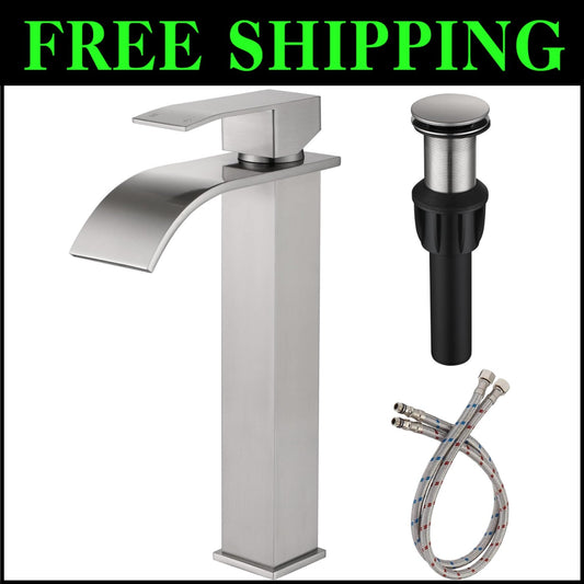 Elegant Waterfall Sink Faucet - Durable Single Handle in Brushed Nickel Finish