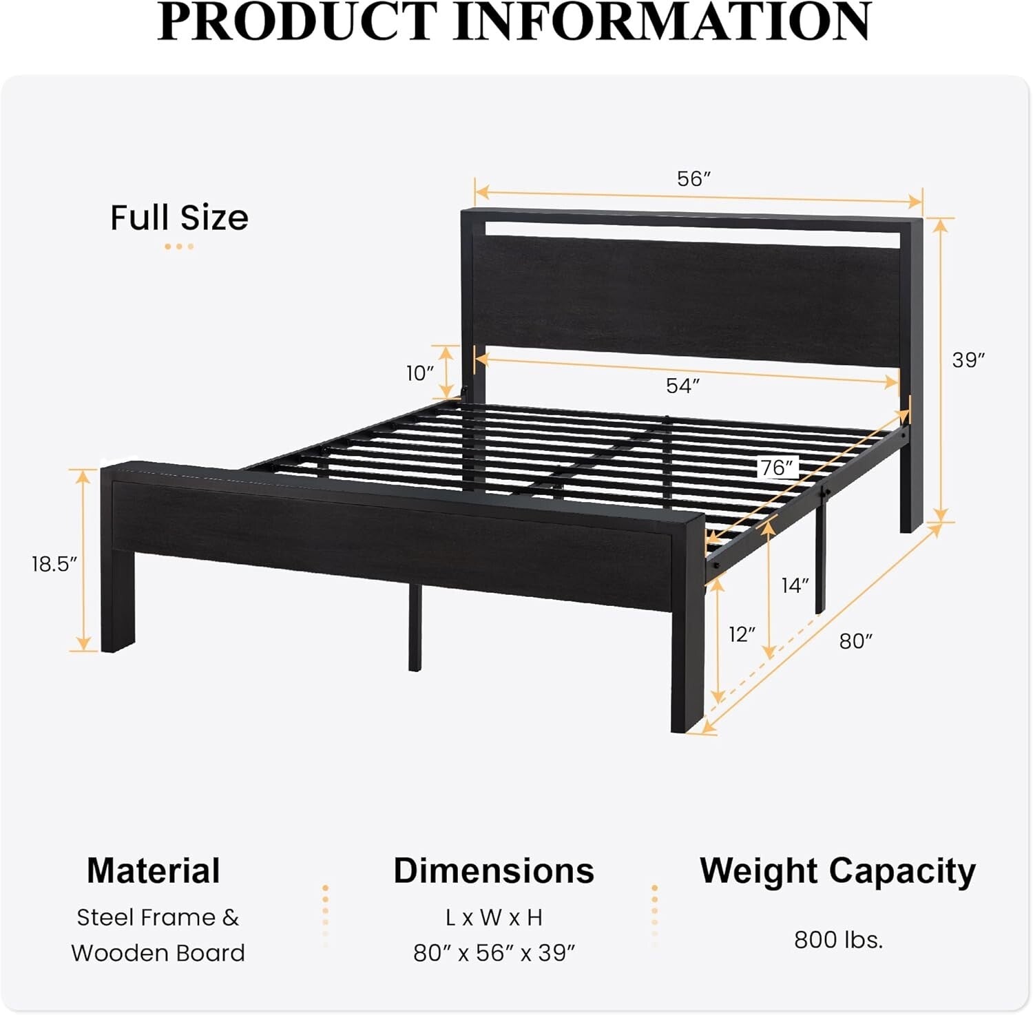 Sturdy 14-Inch Full Metal Platform Bed Frame with Rustic Black Oak Headboard