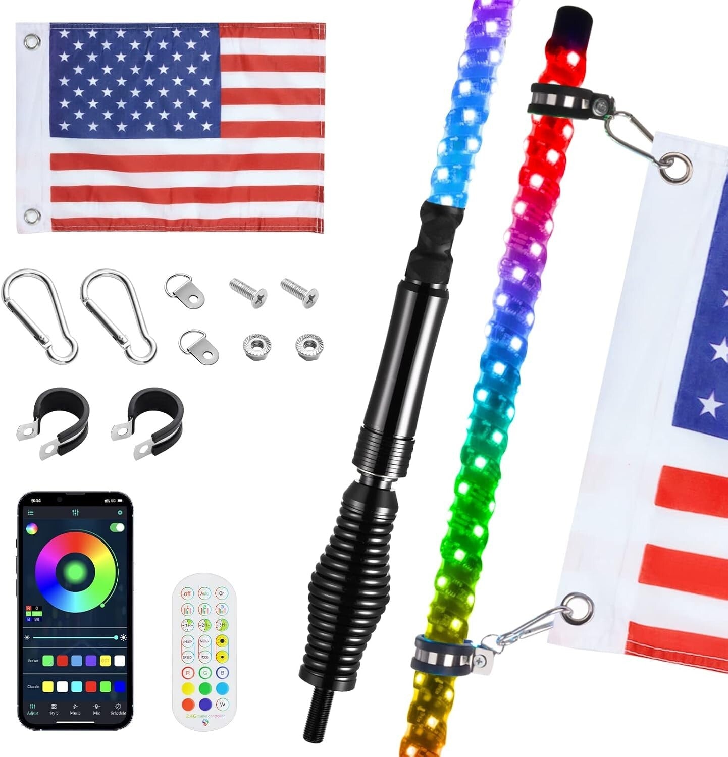 2 Pack 3FT RGB LED Whip Lights with App & Remote Control - Waterproof & Durable