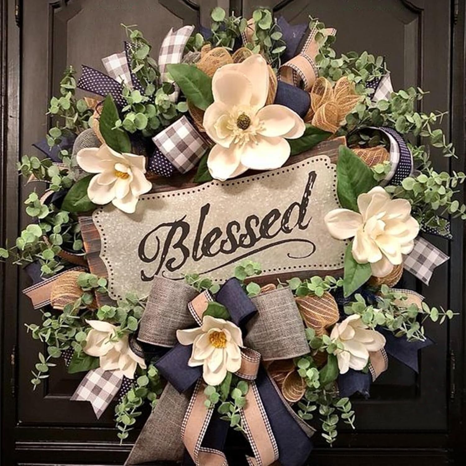 Farmhouse Magnolia Front Door Wreath with 'Blessed' Plaque for All Seasons