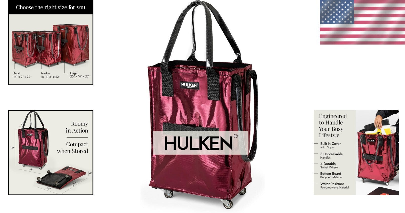 Effortless Cosmic Red Grocery Bag with Swivel Wheels - Folds Flat for Storage