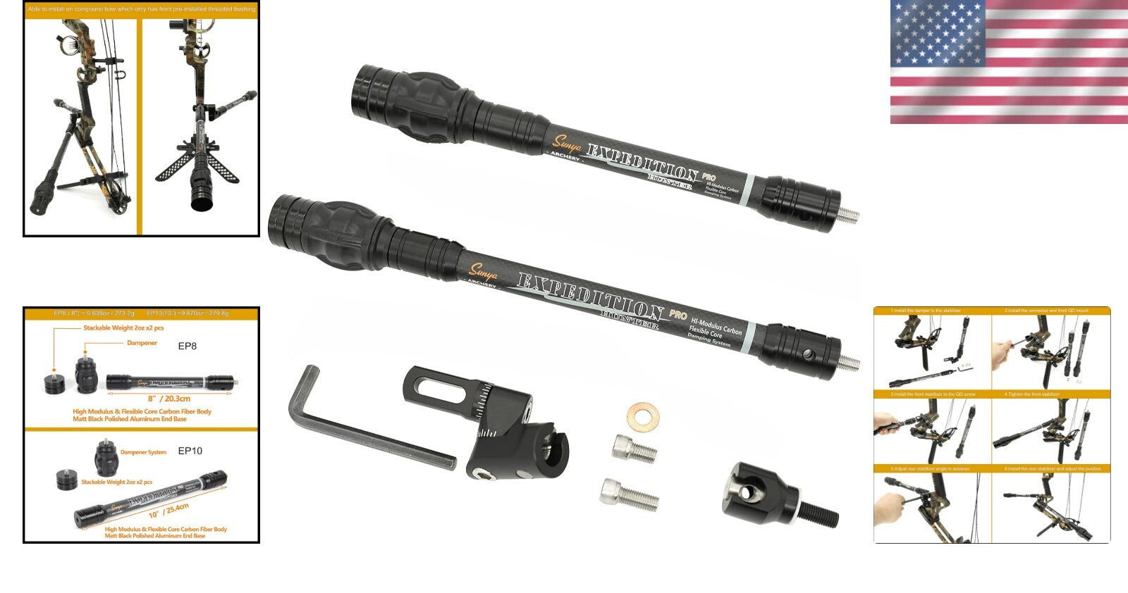 Flexible Core Archery Stabilizer - 8", 10" & Weight Kit for Comfortable Shooting