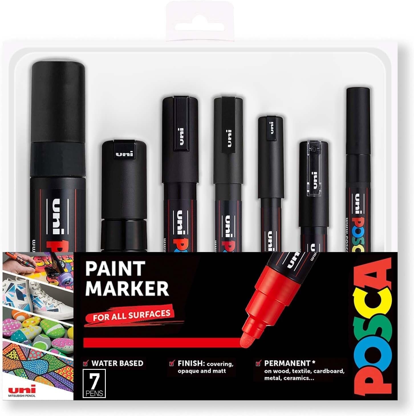 Full Black Pen Set of 7 with Contoured Grip & Chisel Tip for Smooth Writing
