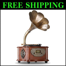 Load image into Gallery viewer, Vintage Phonograph Retro Turntable with Copper Horn – Bluetooth &amp; Aux Input