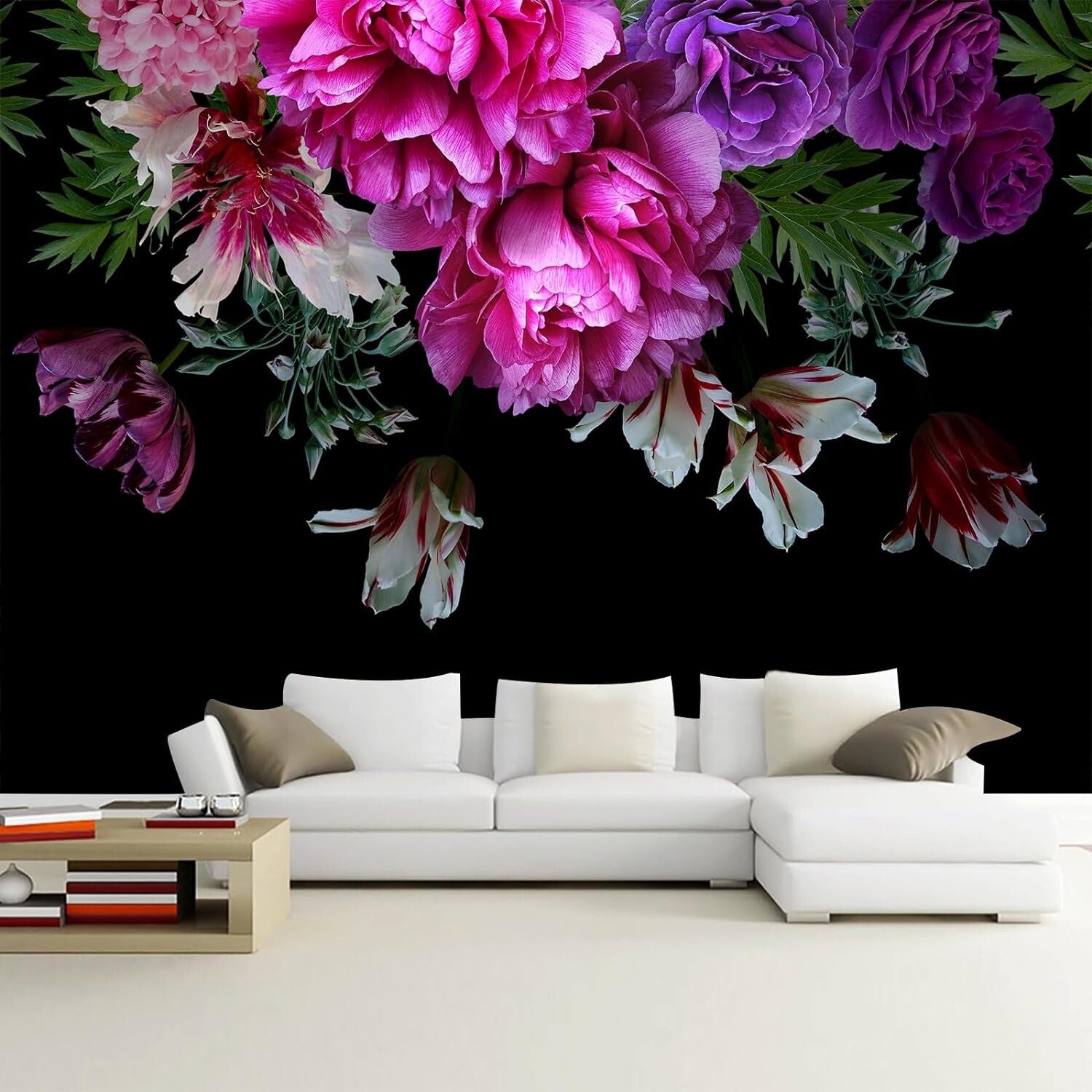 3D Floral Wallpaper Mural: Purple Peony & Tropical Leaves for Bedrooms