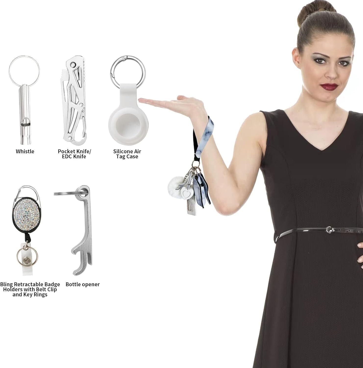 Chic PU Leather Wristlet Keychain Set with Pom Pom & Safety Alarm Accessory