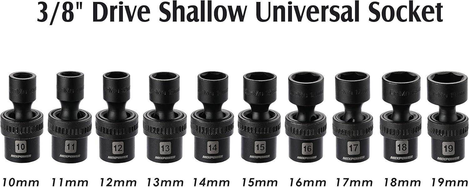 10-Piece 3/8'' Drive Swivel Universal Impact Socket Set - Metric Sizes 10-19mm