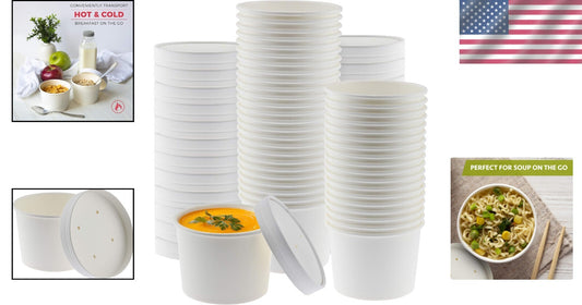 50-Pack 16oz Disposable White Paper Soup Bowls with Vented Lids - Leak-Resistant