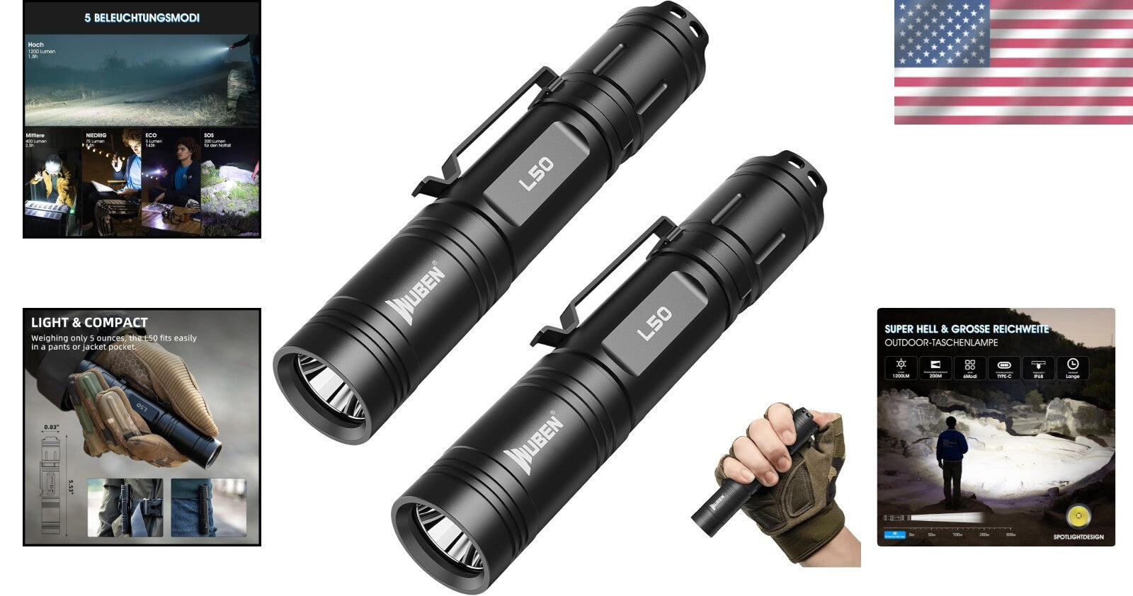 Compact 1200 Lumens LED Flashlight, 5 Lighting Modes & Long Runtime for Outdoors