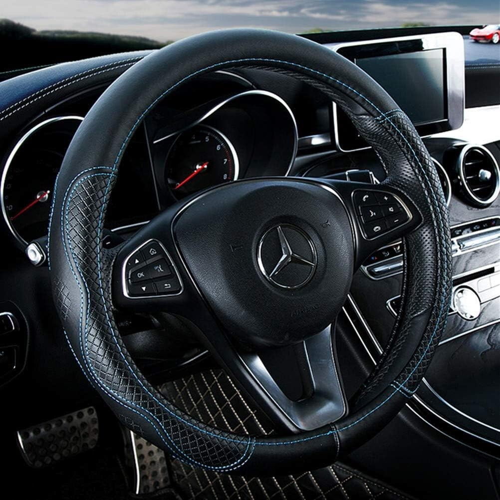 Eco-Friendly Cowhide Steering Wheel Cover in Black & Blue - 15" Size M Fit