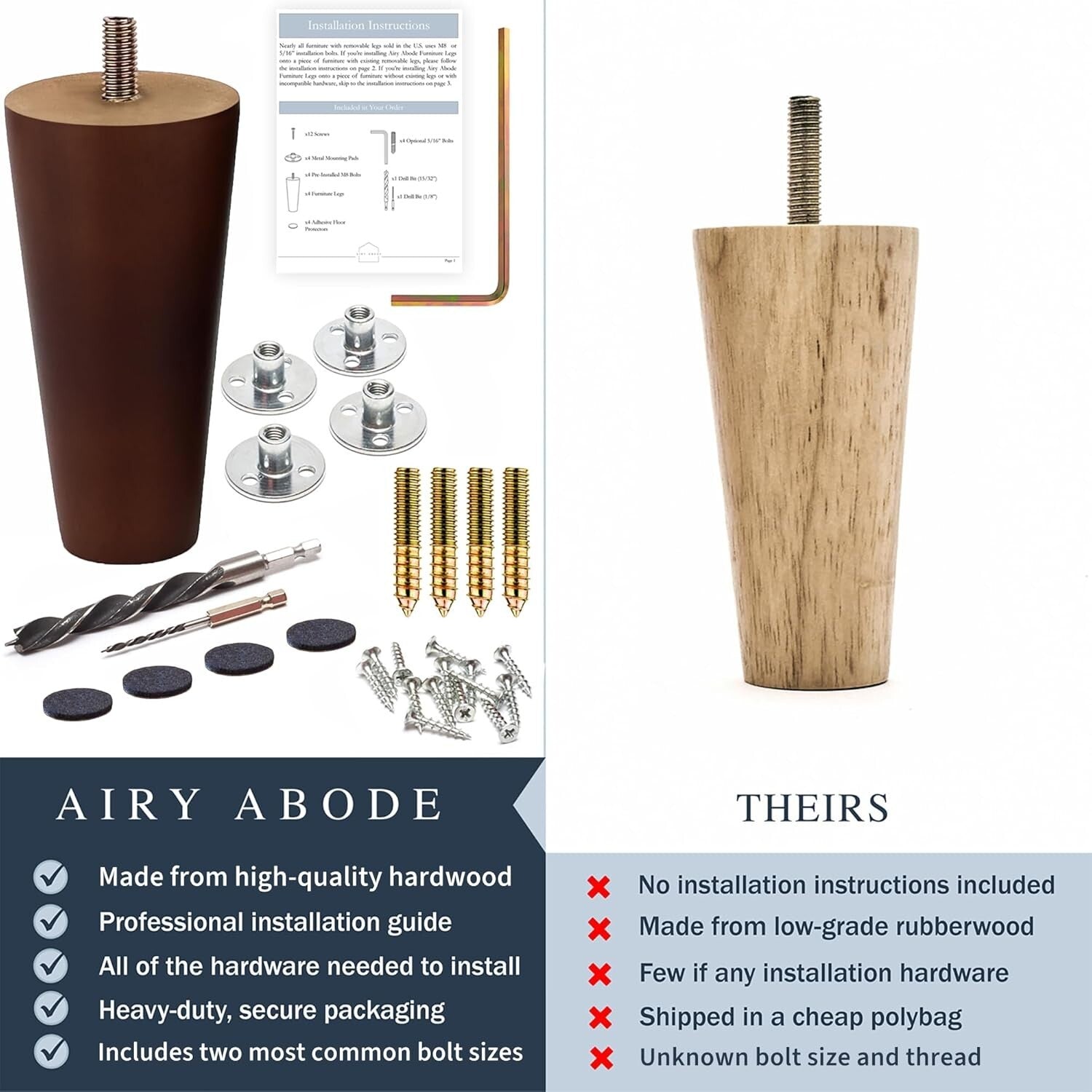 Versatile Walnut Furniture Legs for Any Style - DIY Installation Kit Included