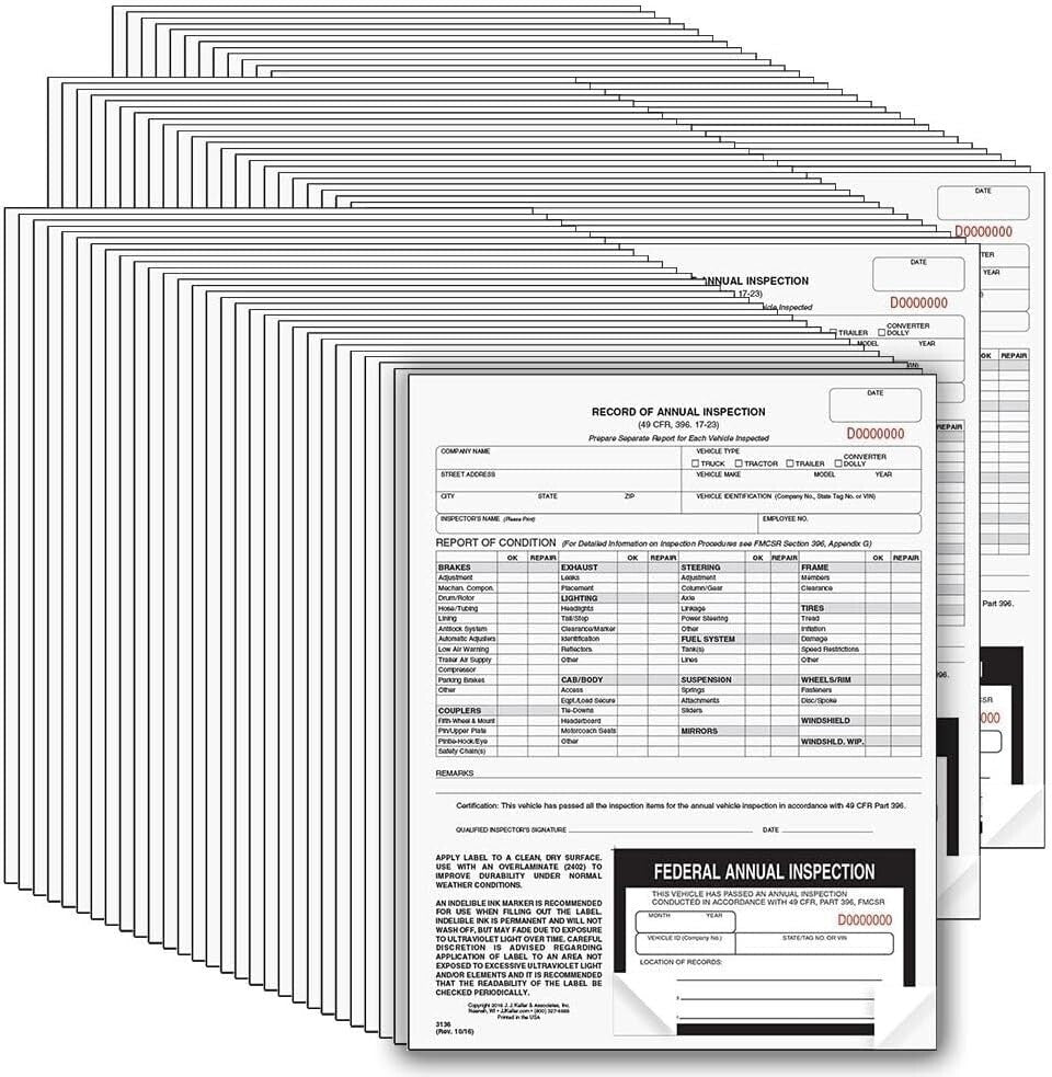2-Ply Carbonless Annual Inspection Forms with Decals - 100 Count for Safety