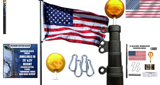 25FT Telescoping Black Flagpole Kit - Anti-Tangle Design for Residential Use