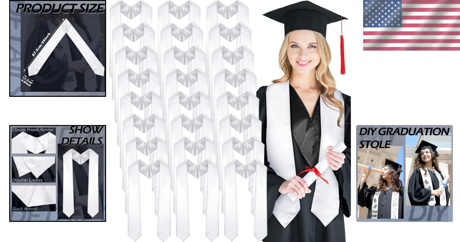Unisex Graduation Stole Set - 24 Elegant White Satin Sashes for Memorable Events