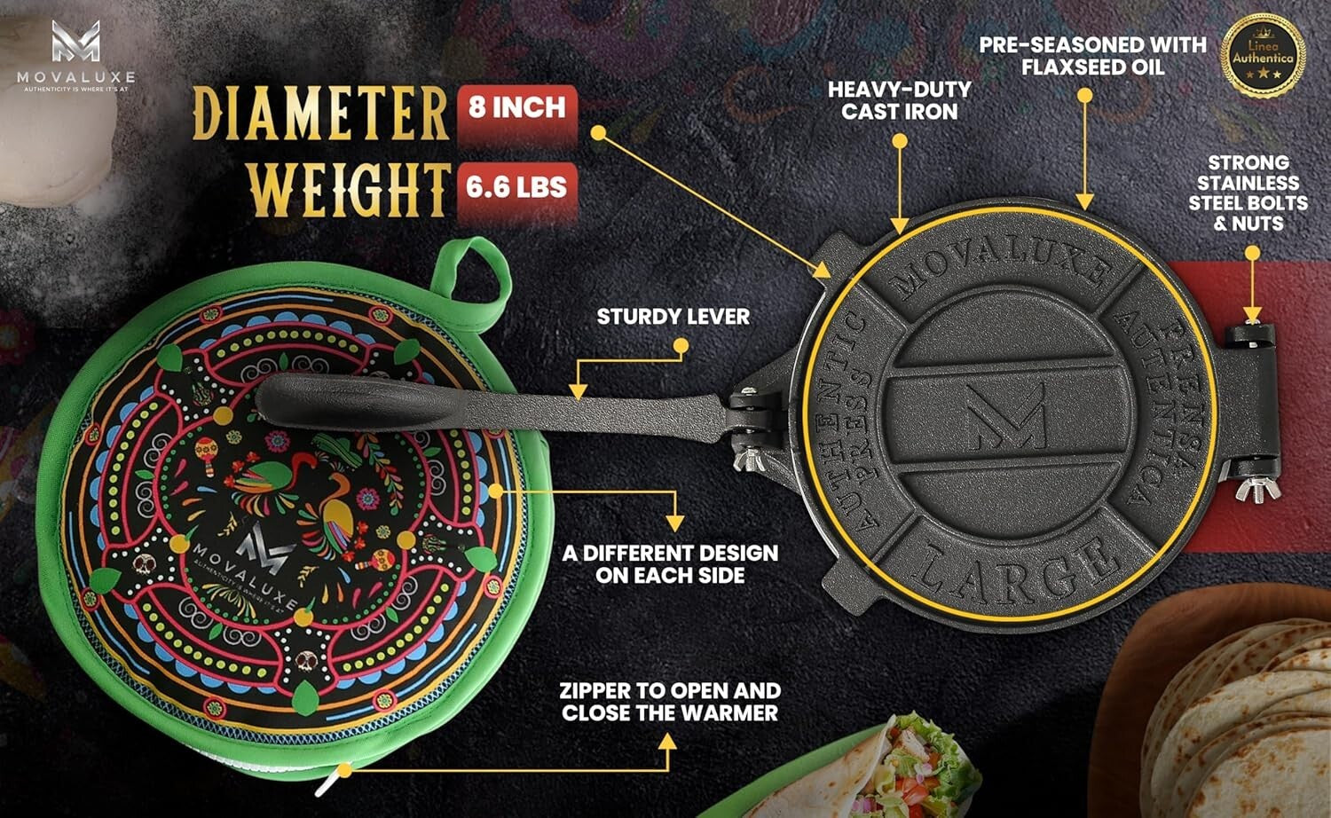 Elegant 8-Inch Tortilla Press Gift Set with Warmer, Holders & Cooking Essentials