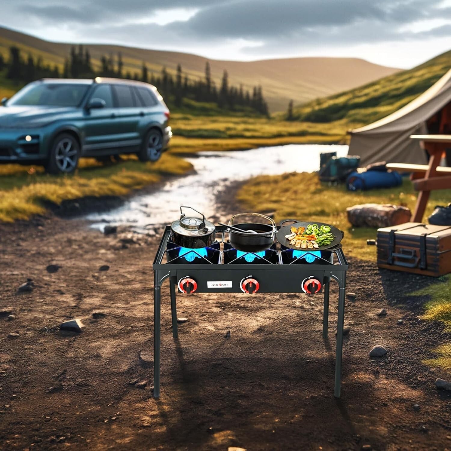 Durable 3 Burner Propane Gas Stove with Removable Legs for Easy Transportation