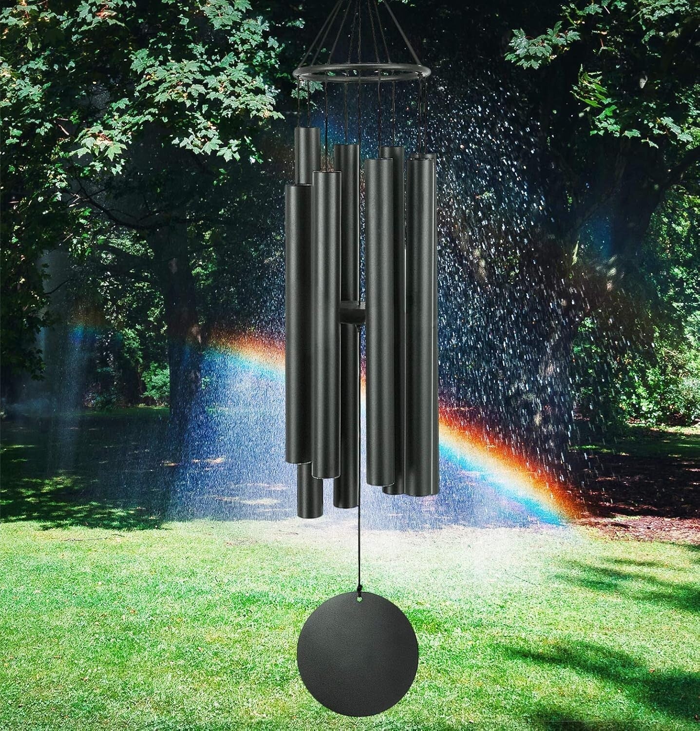 Elegant Black Wind Chimes 38” - Waterproof, Adjustable for Gardens & Memorials