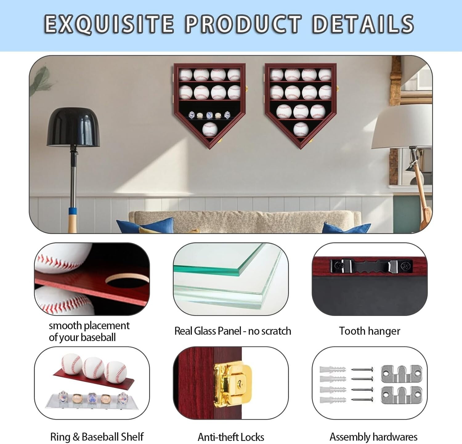 Beautifully Crafted Wall-Mounted Mahogany Case for Baseballs - UV & Shatterproof