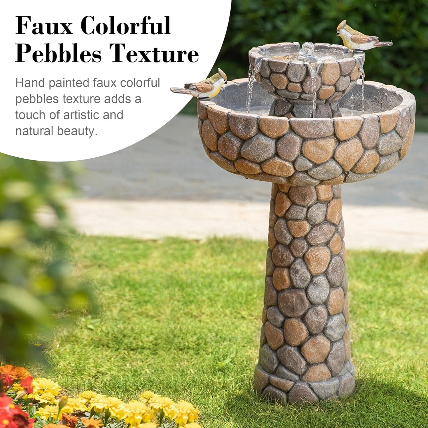 Lifelike Birds Decorated 2-Tier Faux Pebbles Fountain—Stylish Addition to Patios