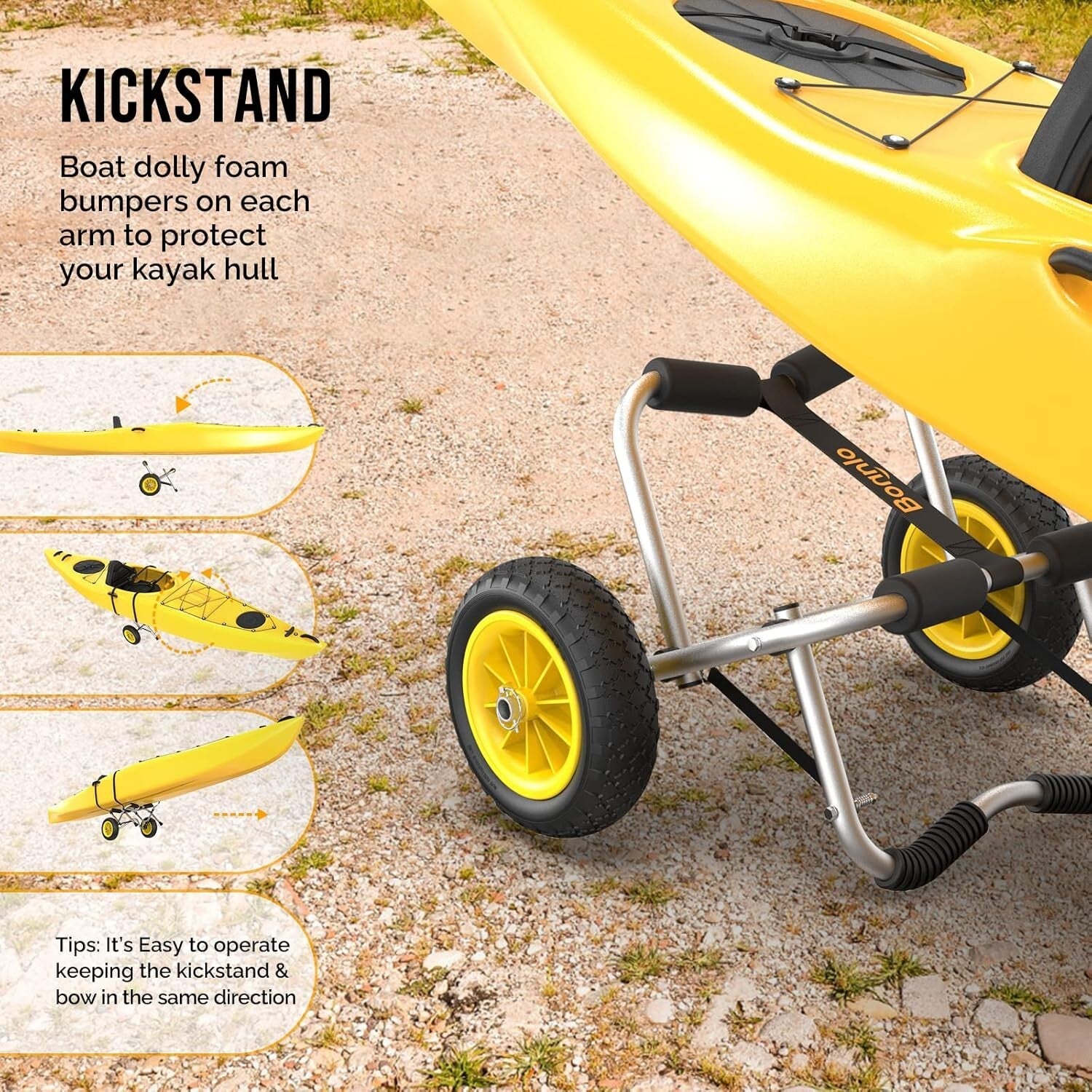 Durable Kayak Carrier Dolly - Foldable with Double Kickstand & Airless Wheels