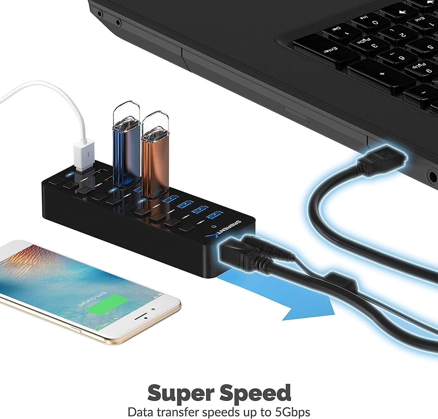 Advanced 10-Port USB 3.0 Hub - Features 3 Efficient Charging Ports & LED Status