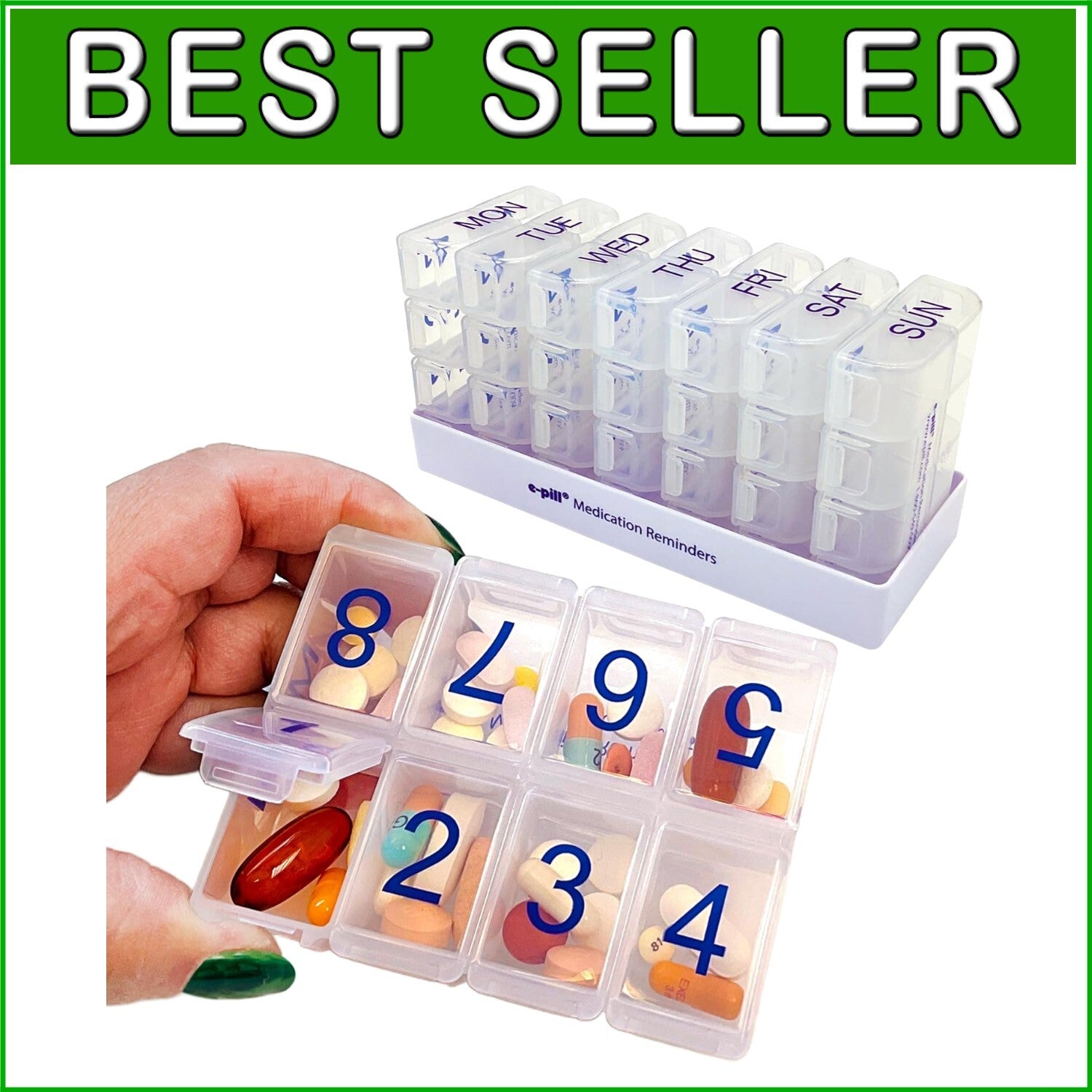 8x7 Large Weekly Pill Organizer - 56 Compartment Clear Pillbox for Travel & Home