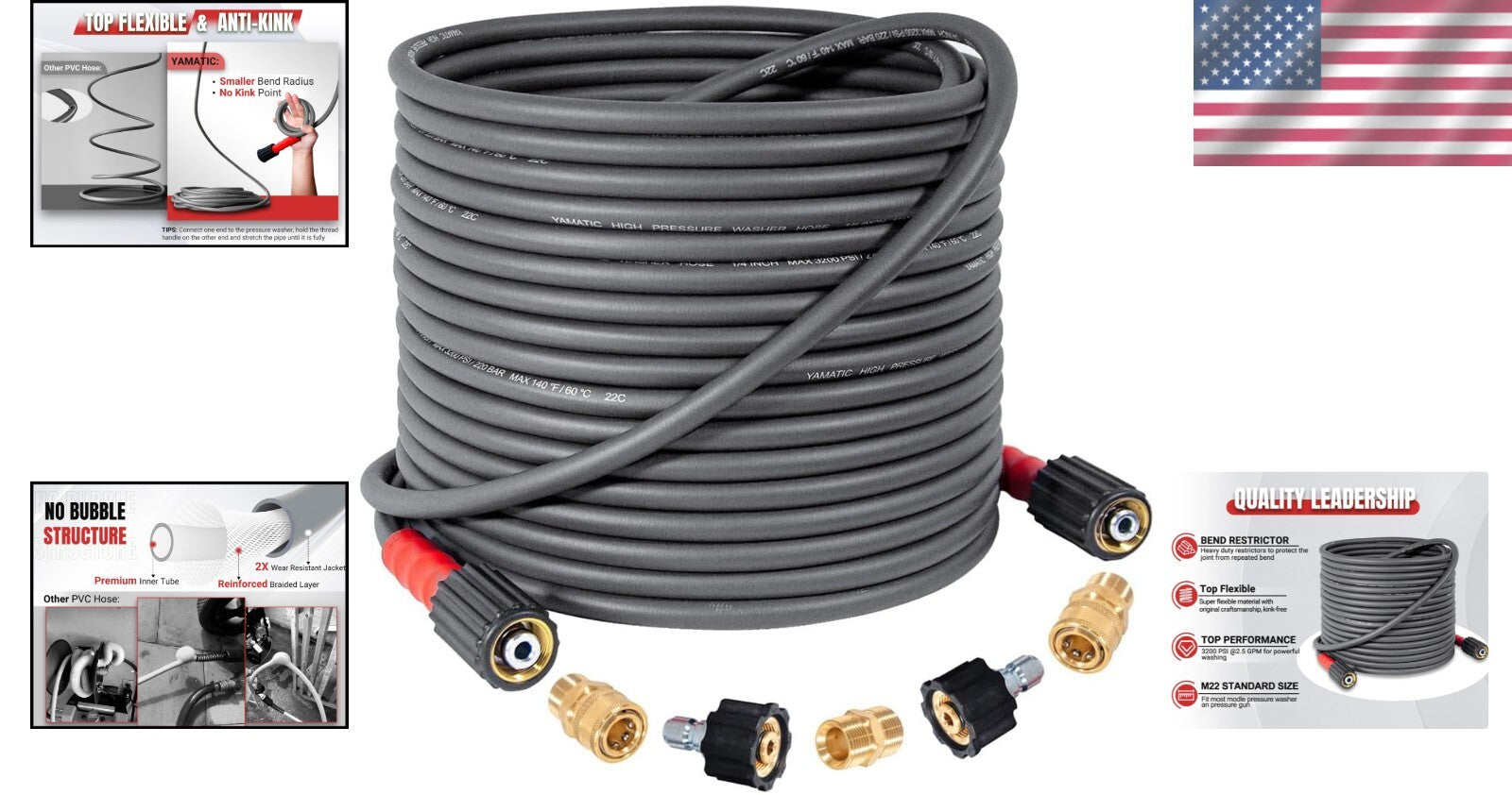 Kink Resistant 50FT Power Washer Hose - 3200 PSI, Easy Install Quick Connect