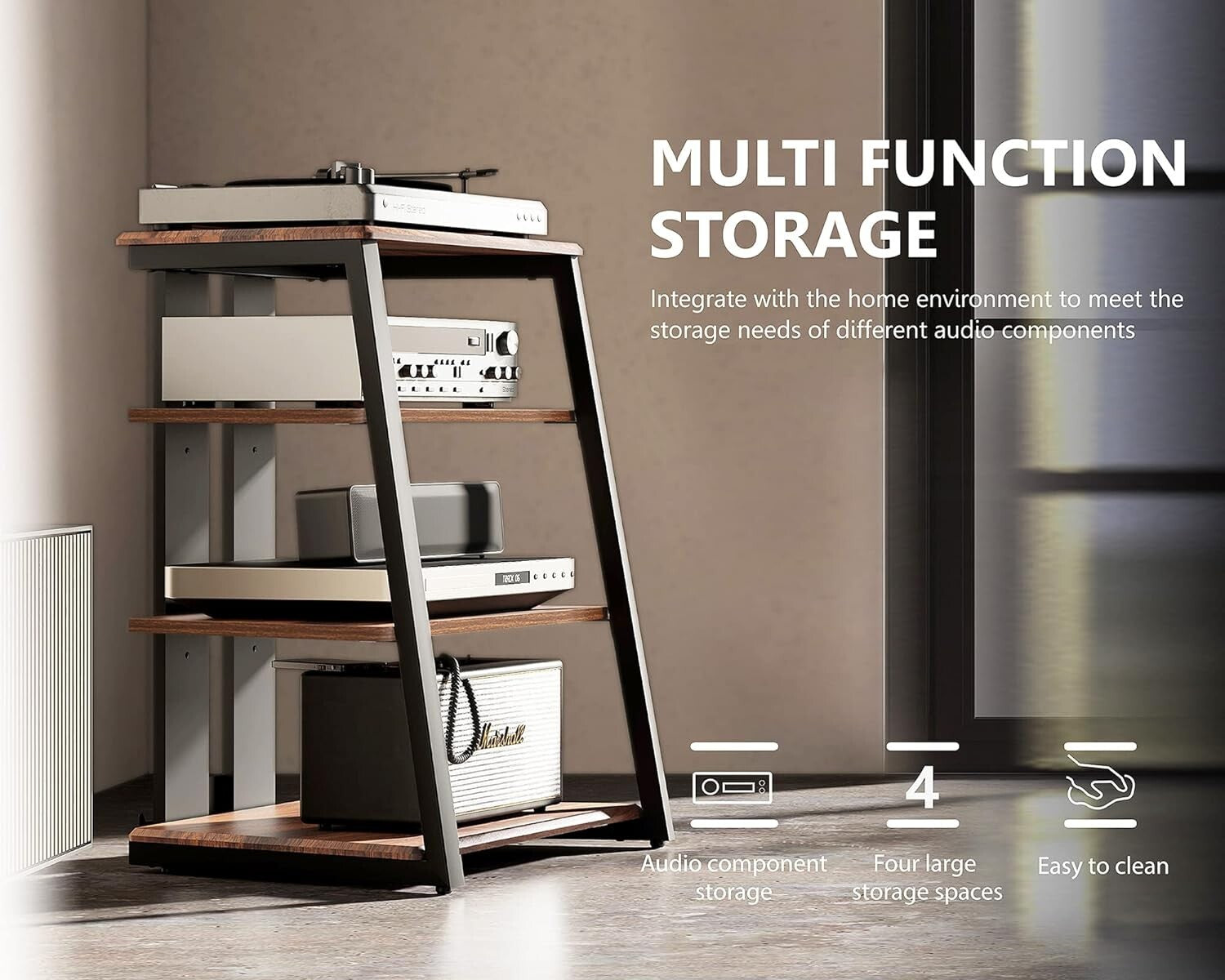 Elegant Corner Shelf for Record Player & Media with Adjustable Wooden Shelves