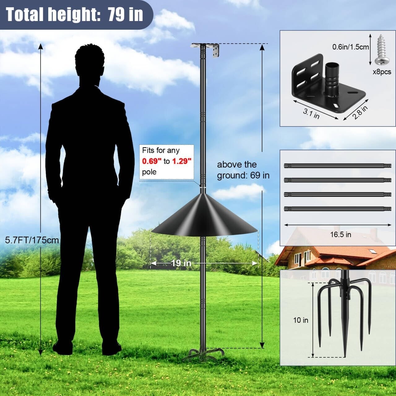 Black Freestanding Bird Feeder Pole with 19-Inch Squirrel Baffle - 79 Inches